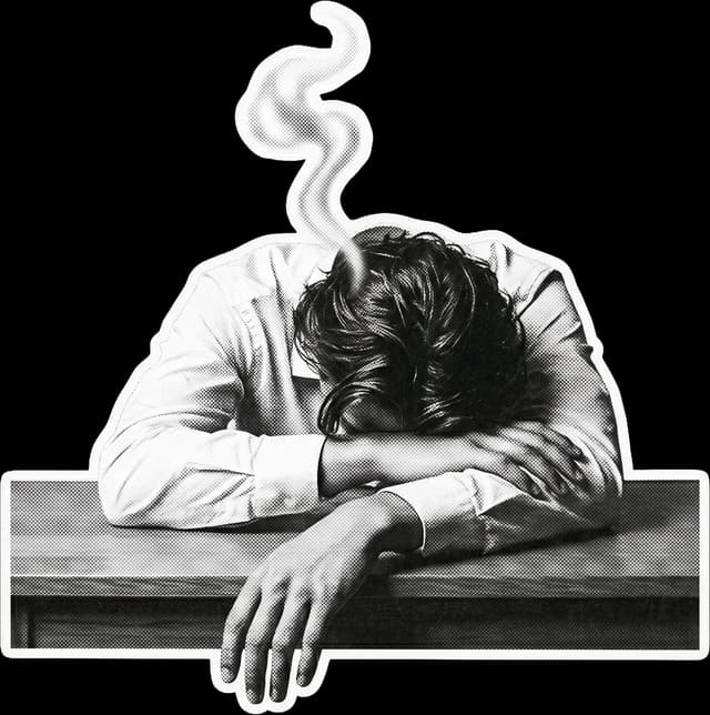A person slumped over a desk with steam rising, representing a dormant lead