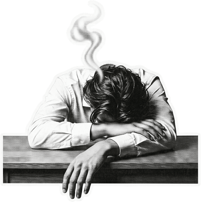 A person slumped over a desk with steam rising, representing a dormant lead